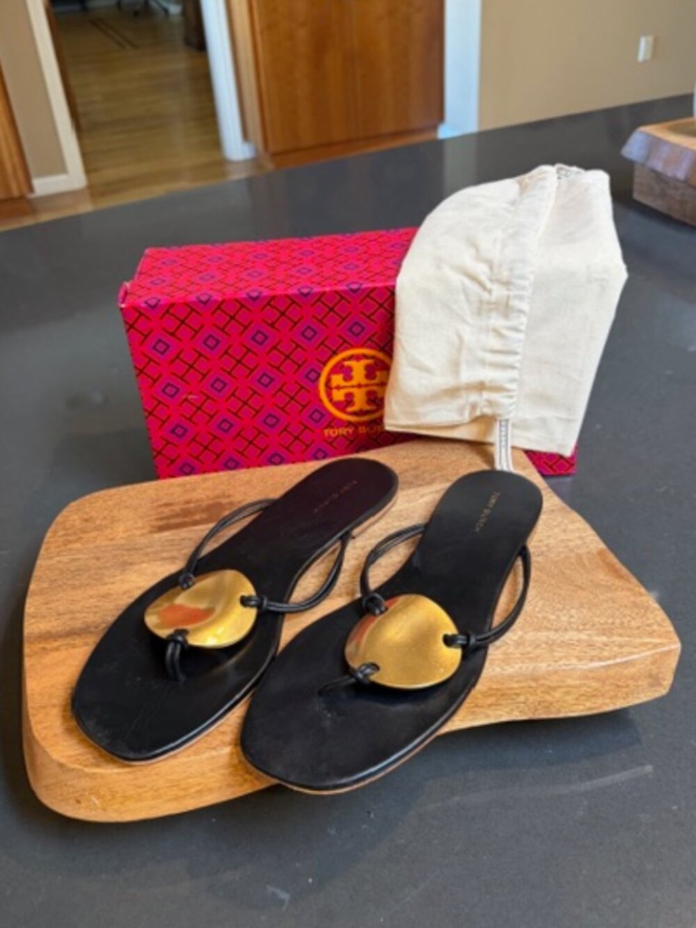 Tory Burch Patos Leather Sandals  Perfect Black/Gold Size 8.5
